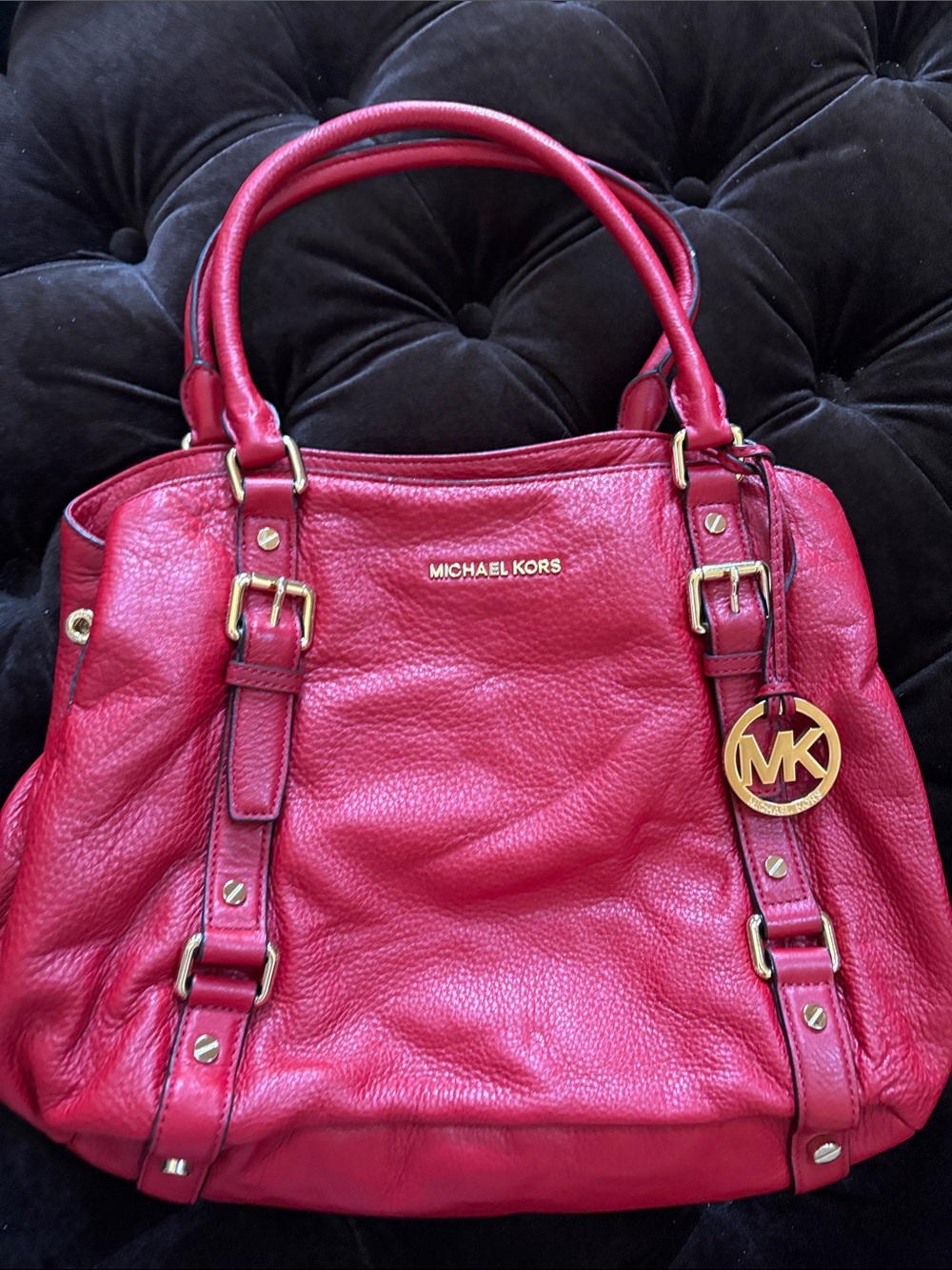 Michael Kors Red Pebbled Leather Tote with Gold MK Charm